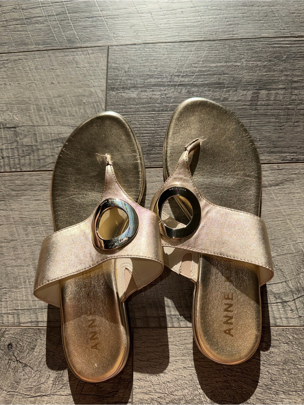 Anne Klein Metallic Gold Circle-Accent Thong Sandals